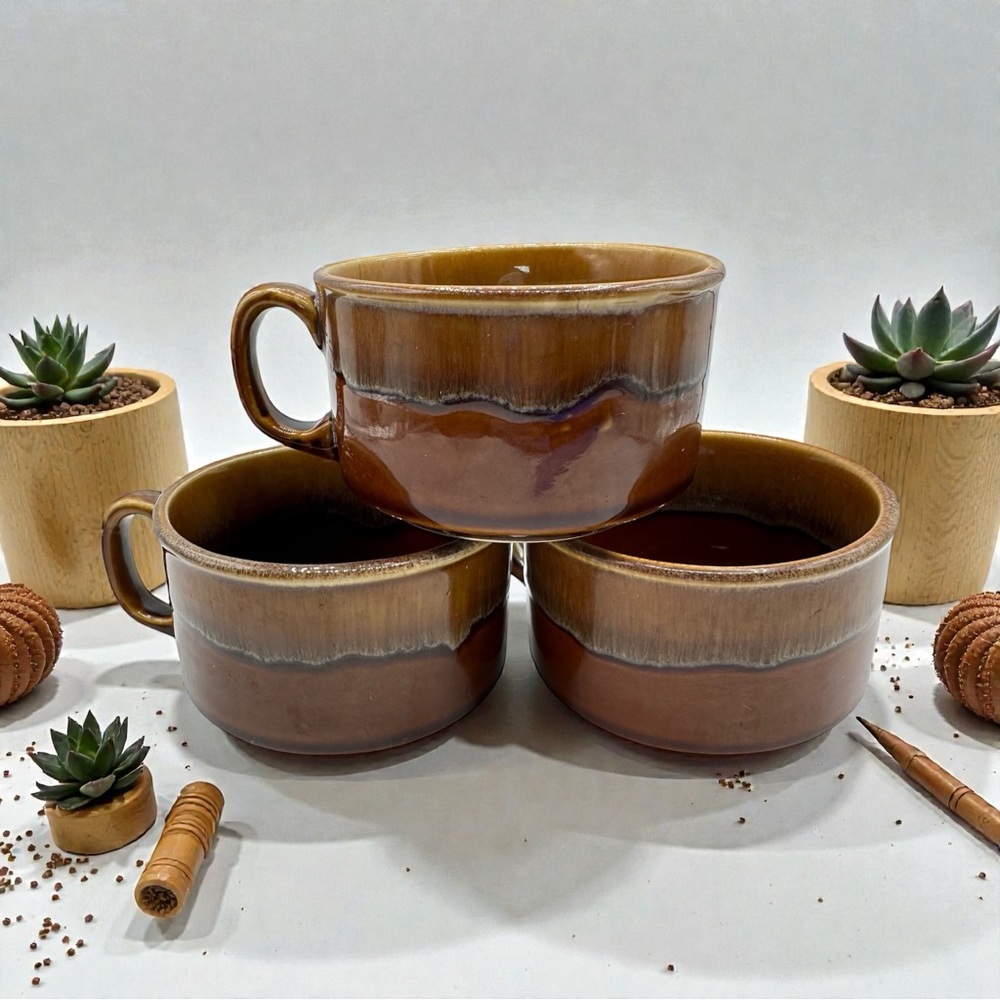 Vintage Drip Glaze Brown Ceramic Soup Mug Bowl Set of 3 With Handles